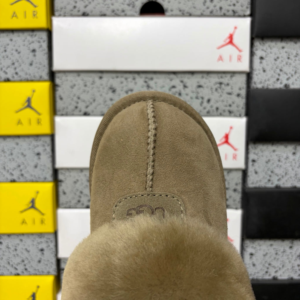 Antelope Brown Mule Slippers with Oversized Fluffy Trim