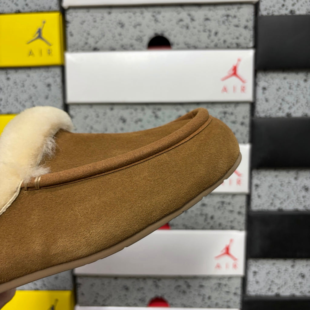 Chestnut Moccasin Slippers with Fluffy Collar