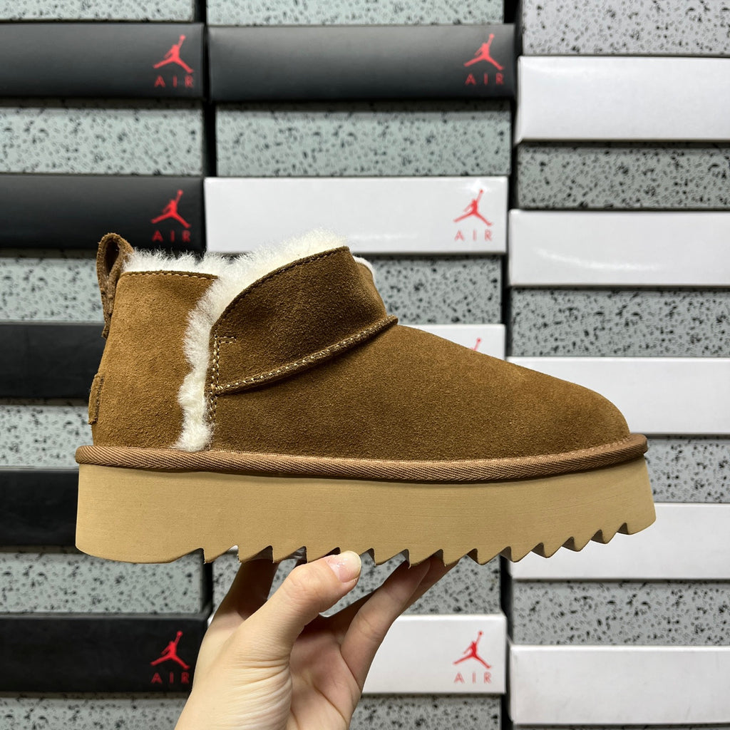 Chestnut Mini Platform Ankle Boots with Fluffy Trim - 5 cm Sole
