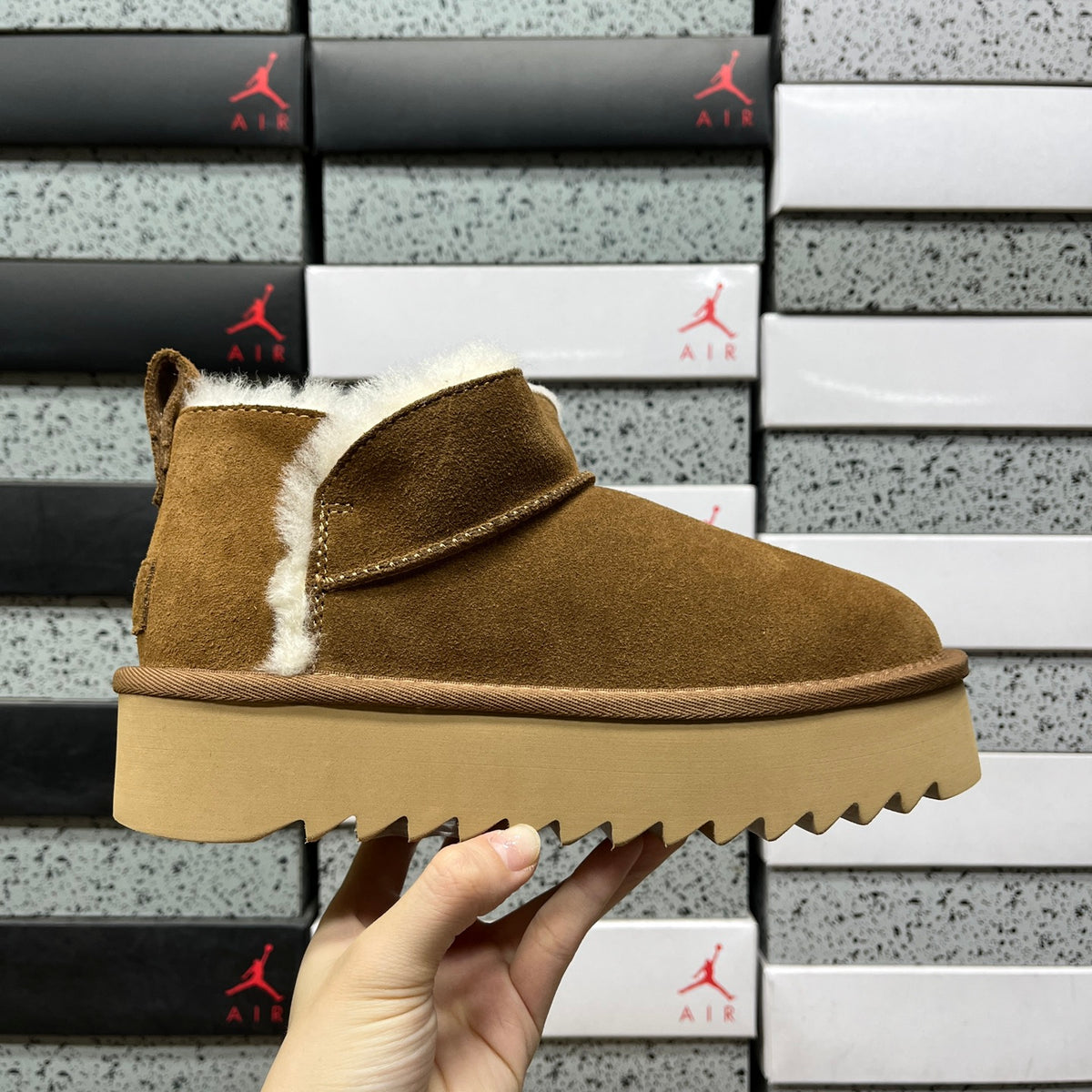 Chestnut Mini Platform Ankle Boots with Fluffy Trim - 5 cm Sole