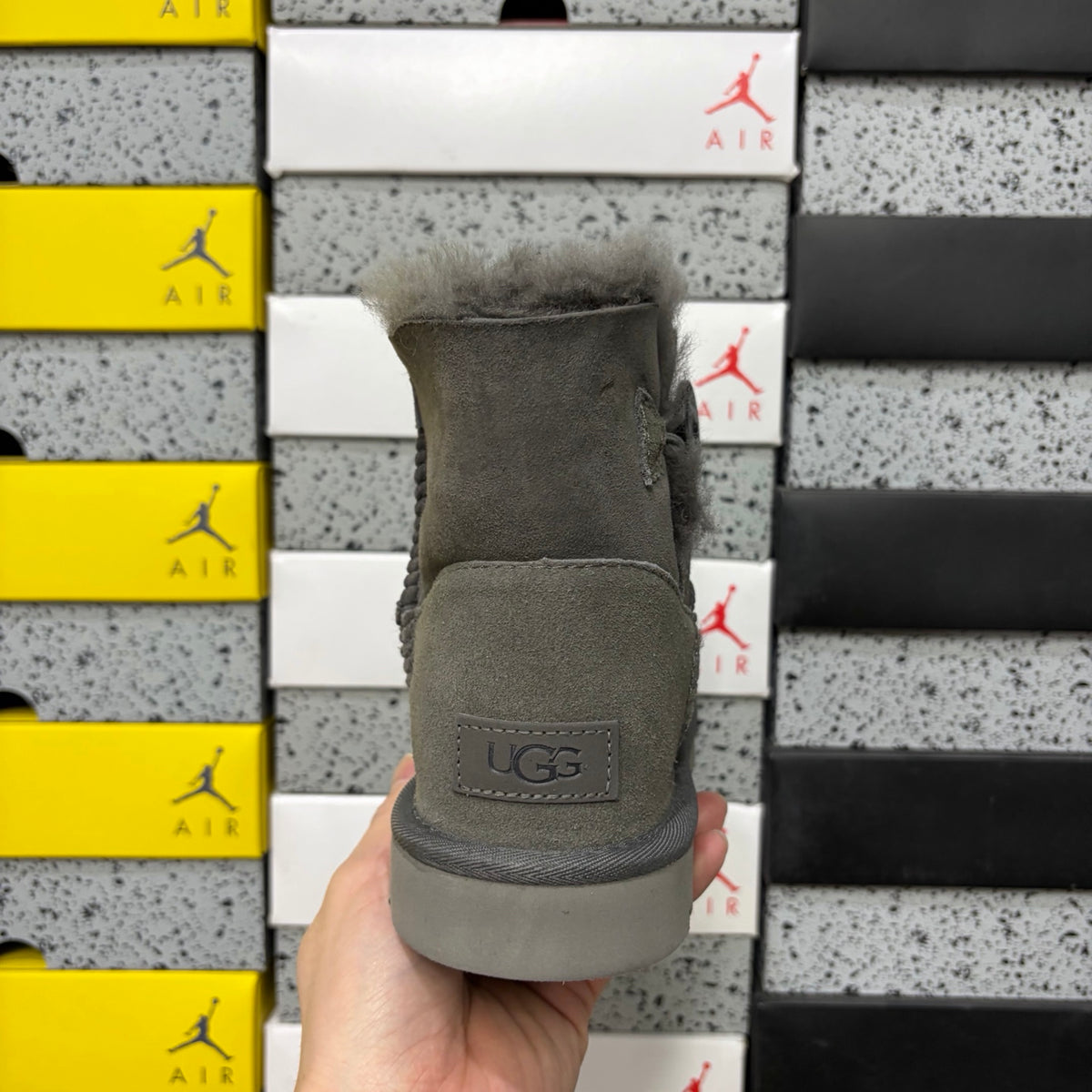 Grey Button-Detail Mid-Calf Boots