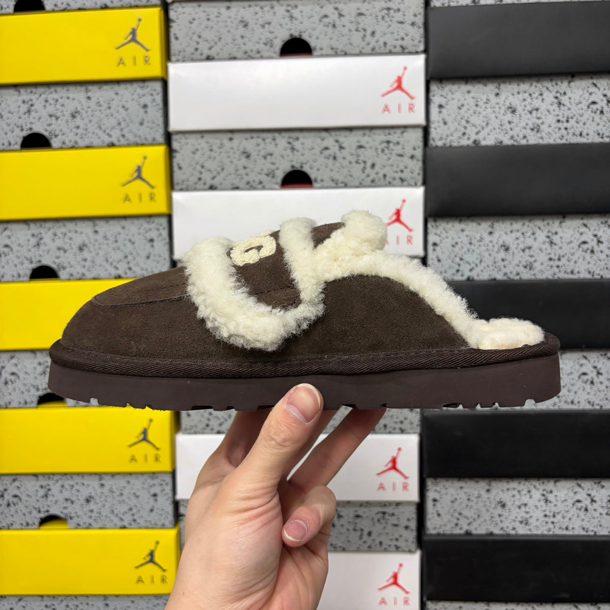 Chocolate Brown Slip-On Mule Slippers with Fluffy Trim