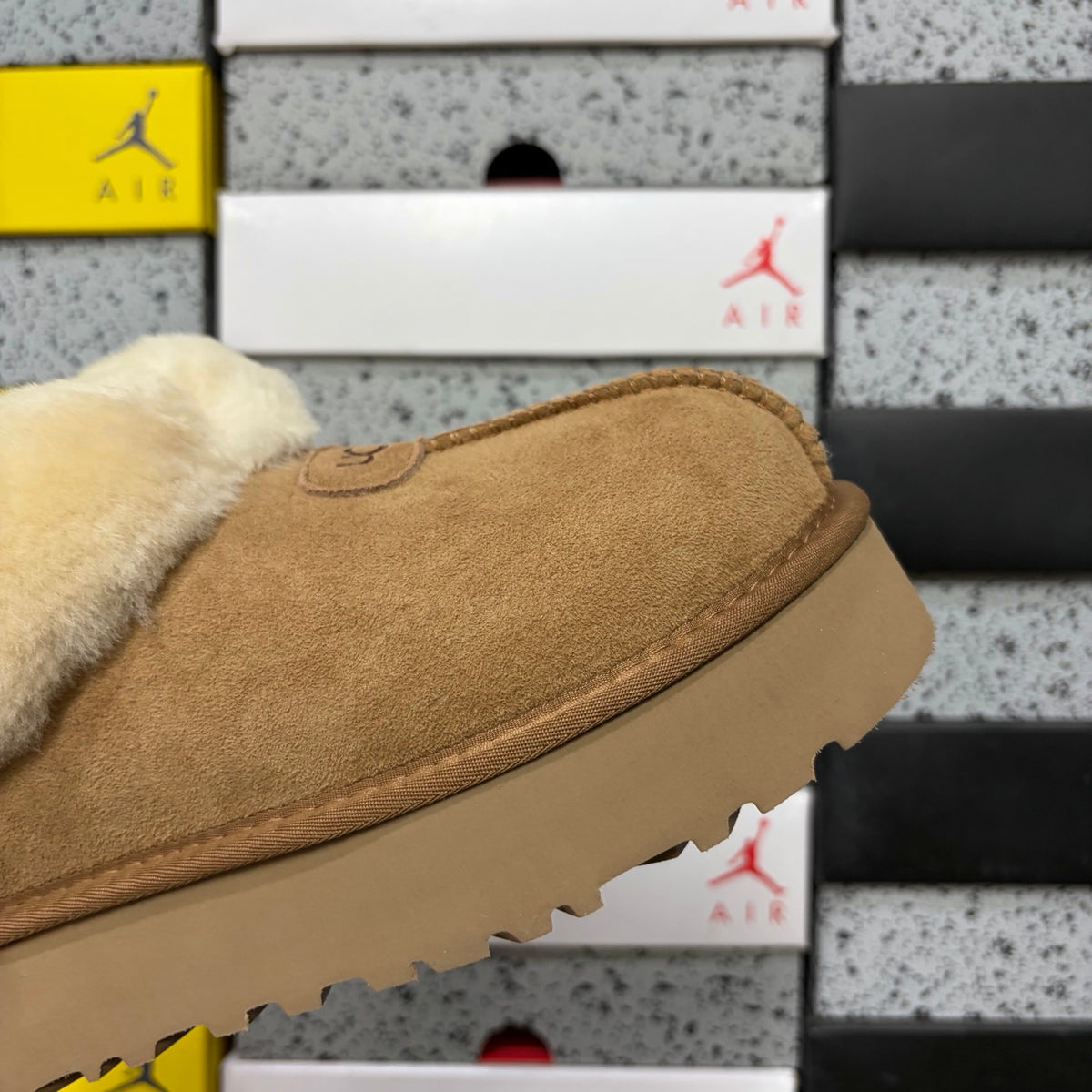 Chestnut Slip-On Shoes with Oversized Fluffy Collar