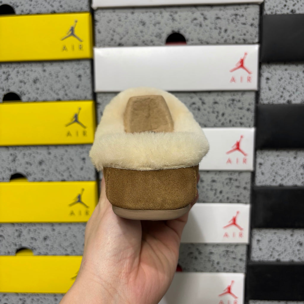 Chestnut Moccasin Slippers with Fluffy Collar