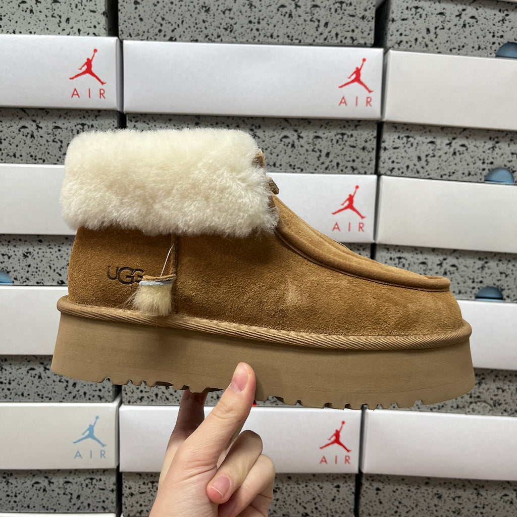 Chestnut Platform Ankle Boots with Cream Fluffy Collar
