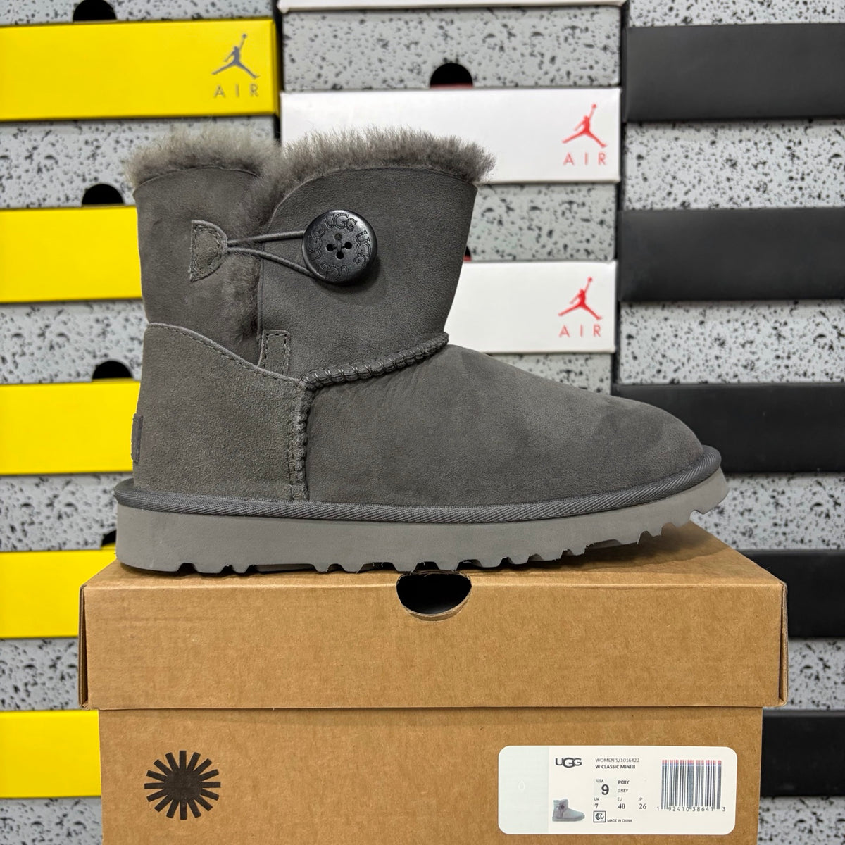Grey Button-Detail Mid-Calf Boots