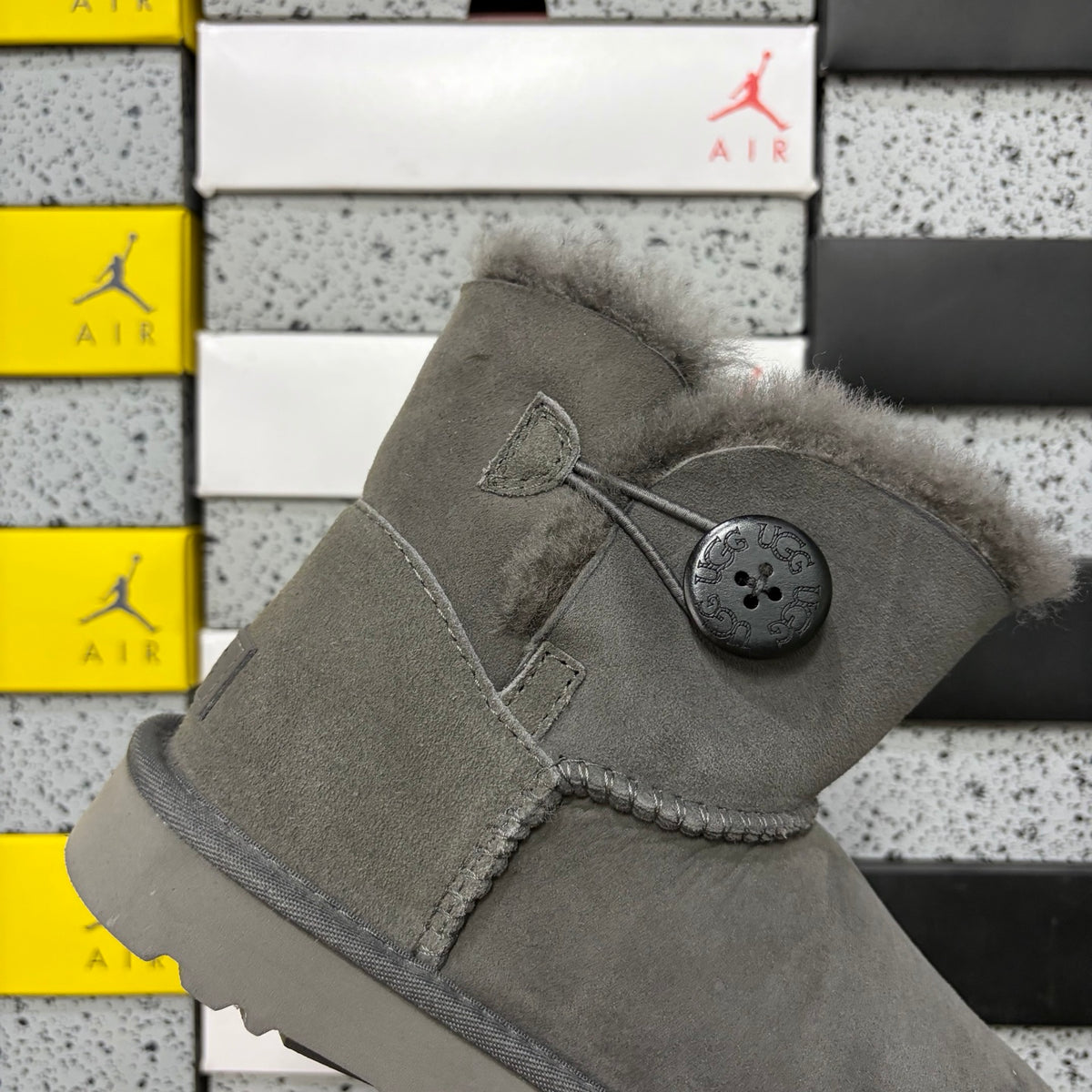 Grey Button-Detail Mid-Calf Boots