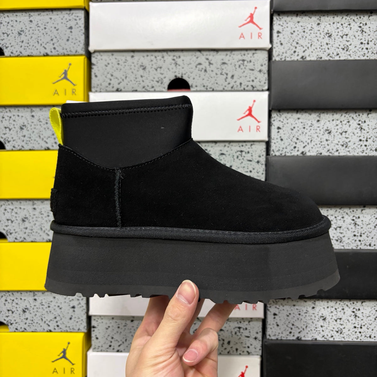 Black Platform Ankle Boots with Neon Yellow Pull Tab