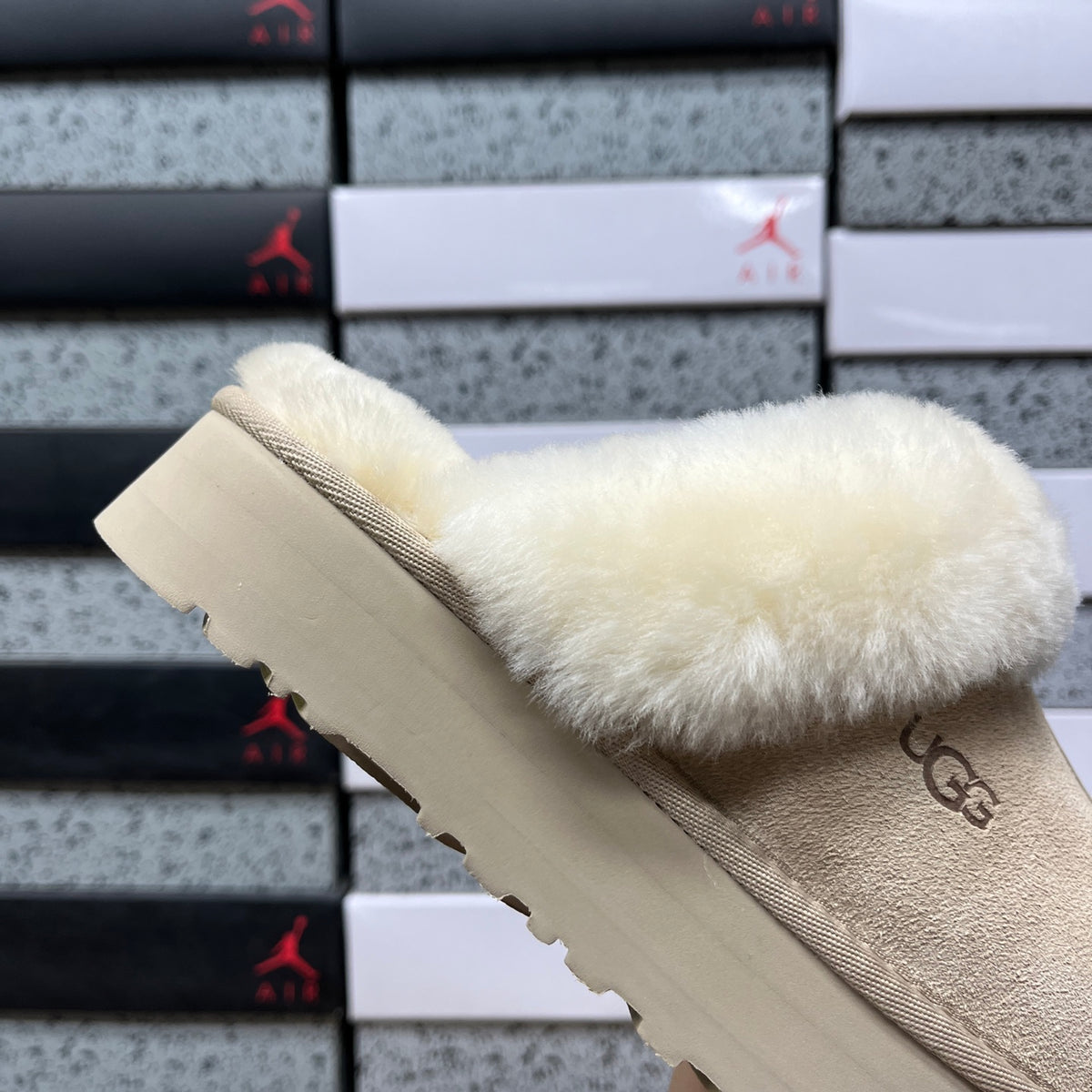 Sand Platform Clog Slippers with Cream Fluffy Trim