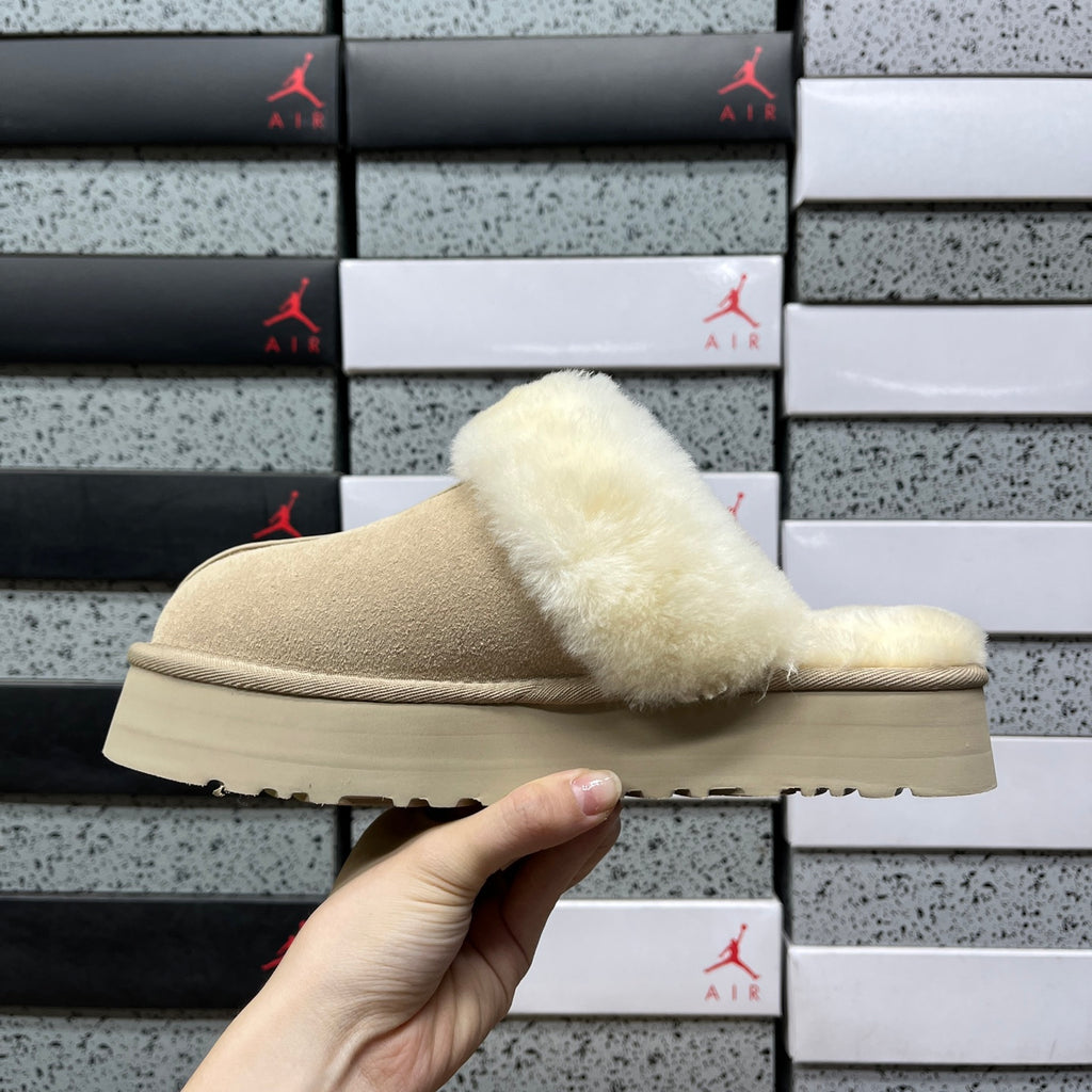 Sand Platform Clog Slippers with Cream Fluffy Trim