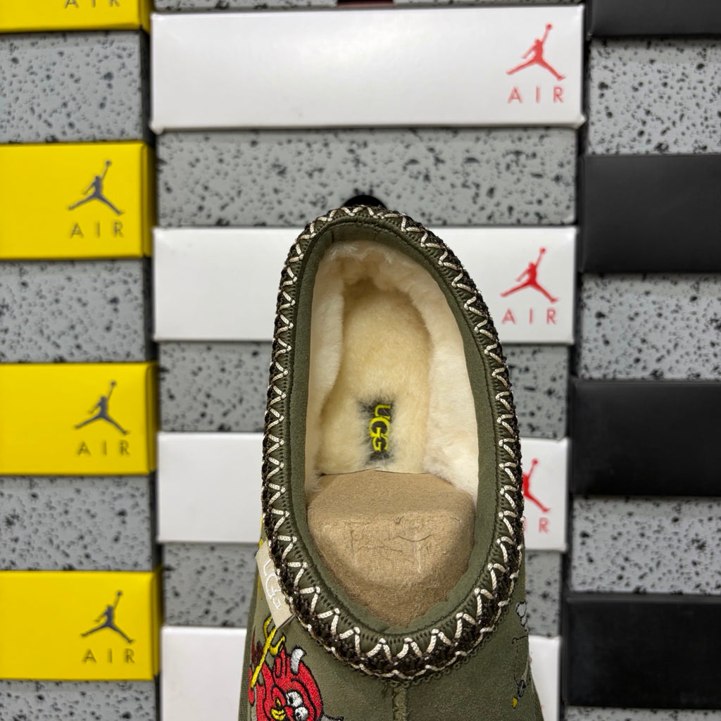 Olive Green Embroidered Slip-On Shoes with Braided Collar