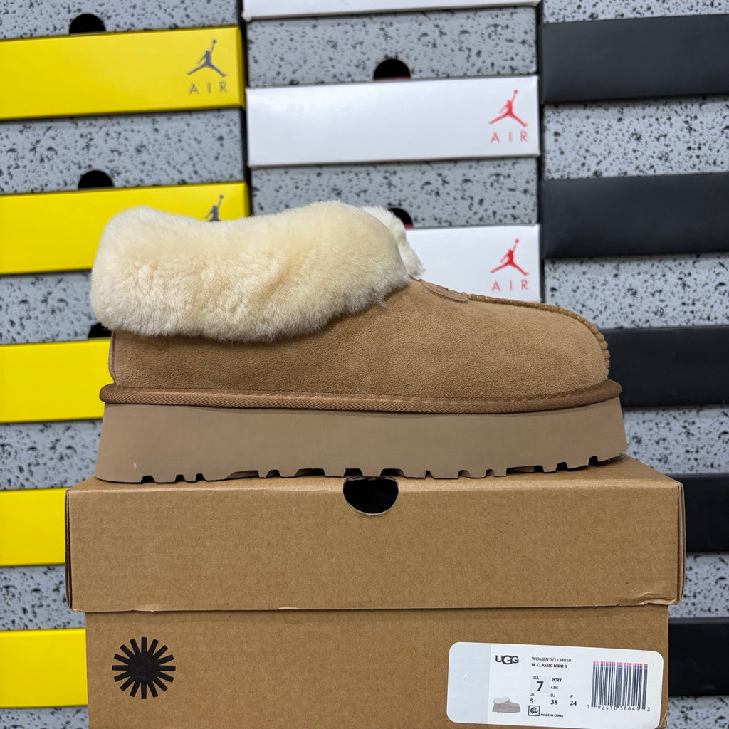 Chestnut Slip-On Shoes with Oversized Fluffy Collar