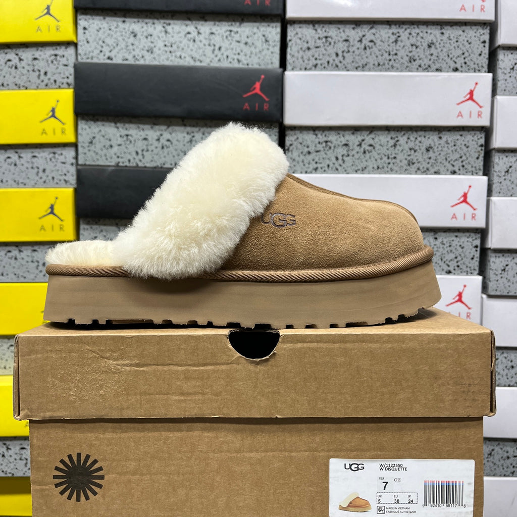 Chestnut Platform Clog Slippers with Cream Fluffy Trim