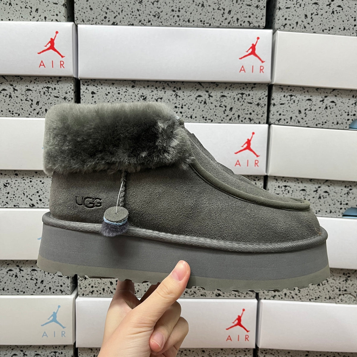 Grey Platform Ankle Boots with Fluffy Collar
