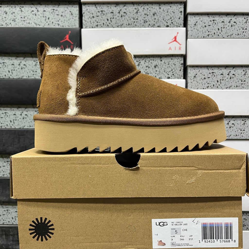 Chestnut Mini Platform Ankle Boots with Fluffy Trim - 5 cm Sole