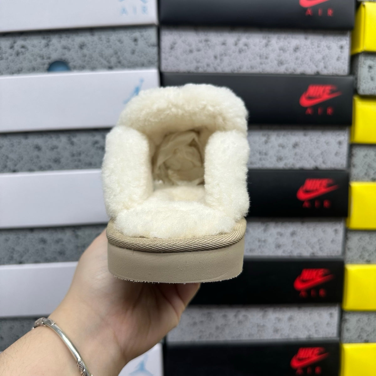 Sand Slip-On Mule Slippers with Fluffy Trim
