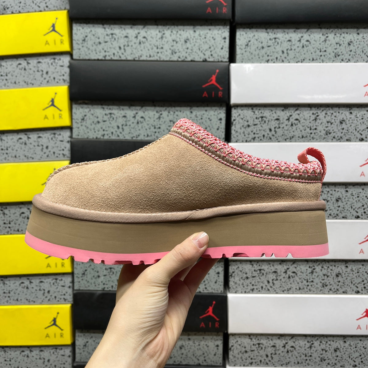 Sand & Pink Platform Slip-On Shoes with Decorative Stitching