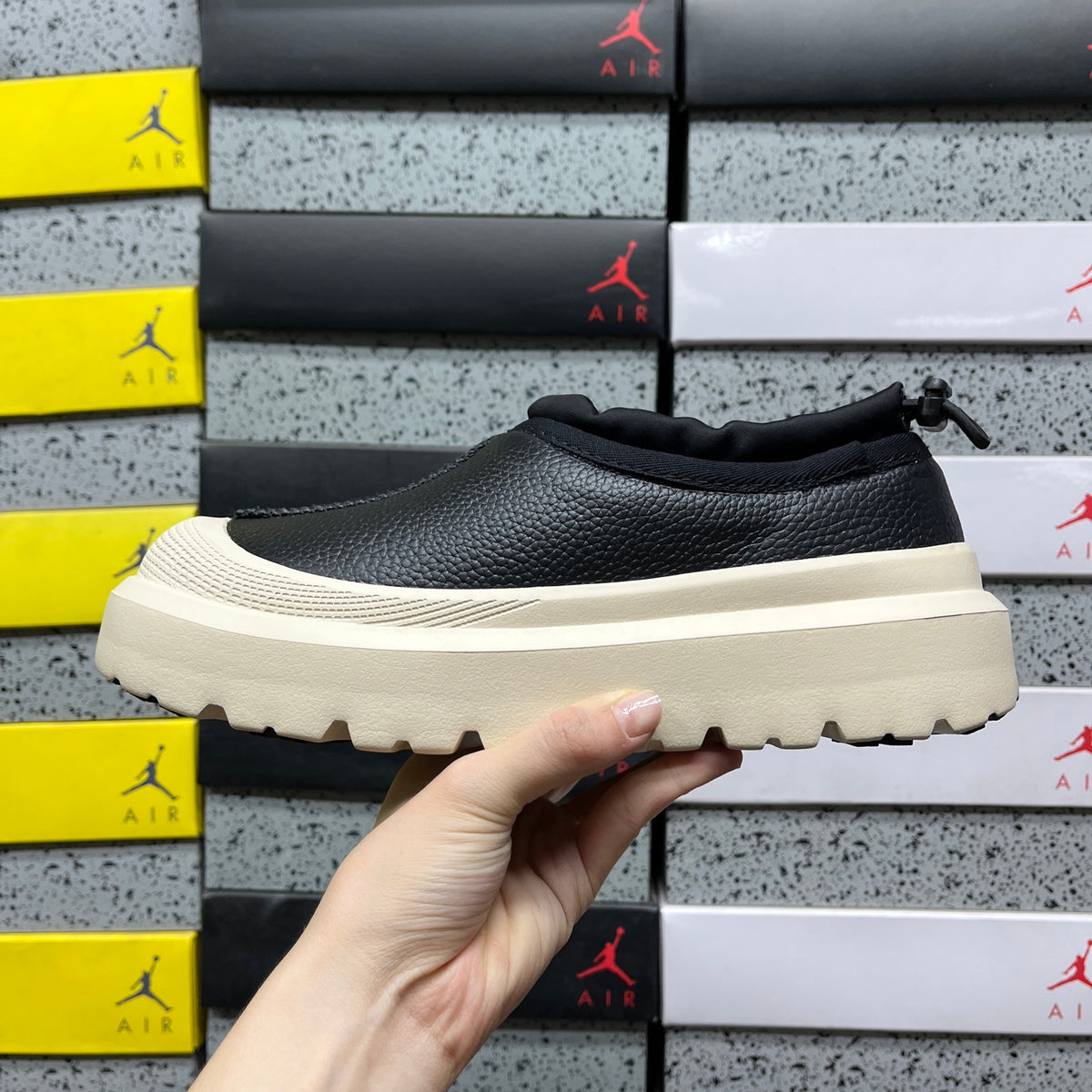 Black Pebbled-Texture Platform Slip-On Shoes with Cream Sole