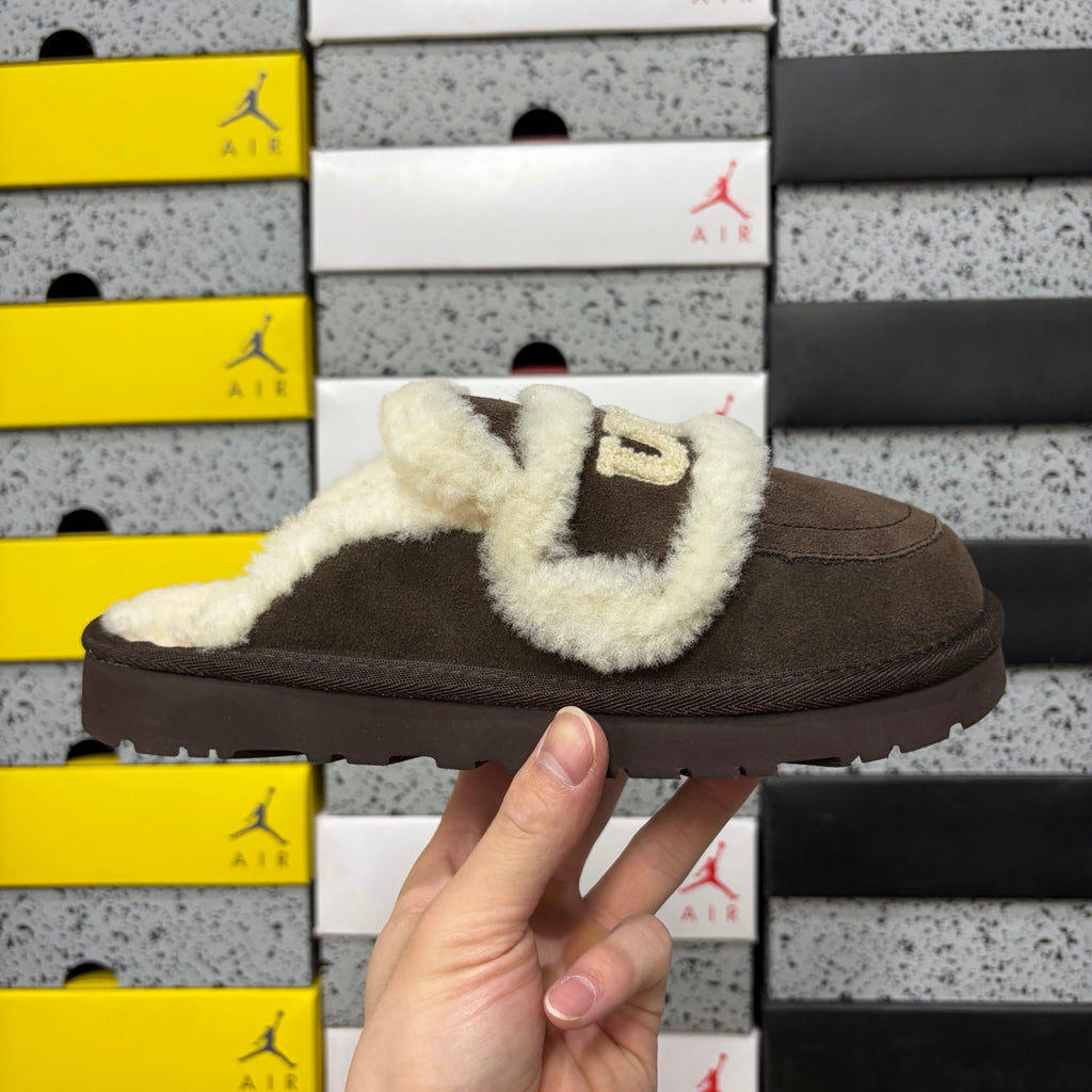 Chocolate Brown Slip-On Mule Slippers with Fluffy Trim