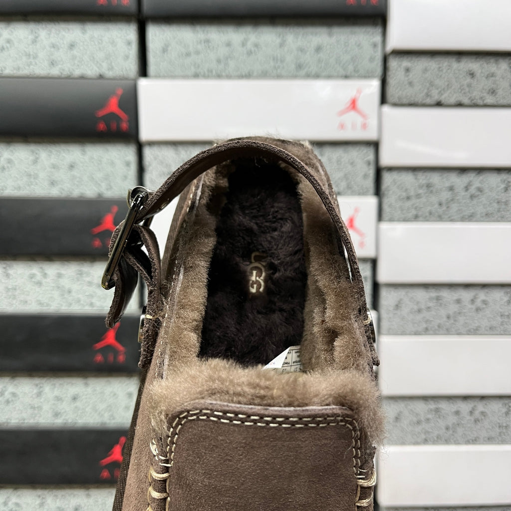 Dark Brown Moccasin-Style Shoes with Buckled Heel Strap