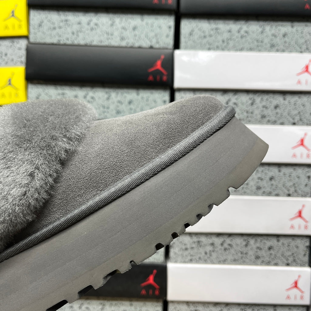 Grey Platform Slip-On Shoes with Fluffy Collar