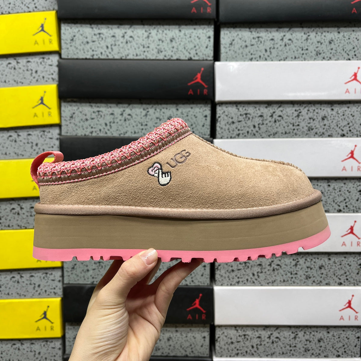 Sand & Pink Platform Slip-On Shoes with Decorative Stitching