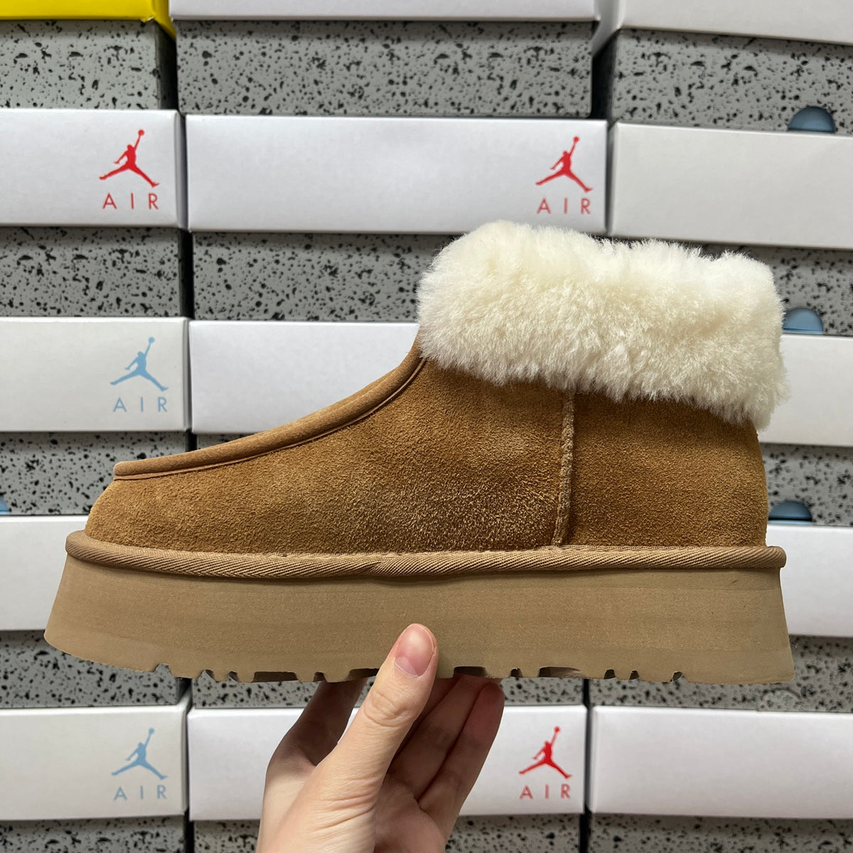 Chestnut Platform Ankle Boots with Cream Fluffy Collar