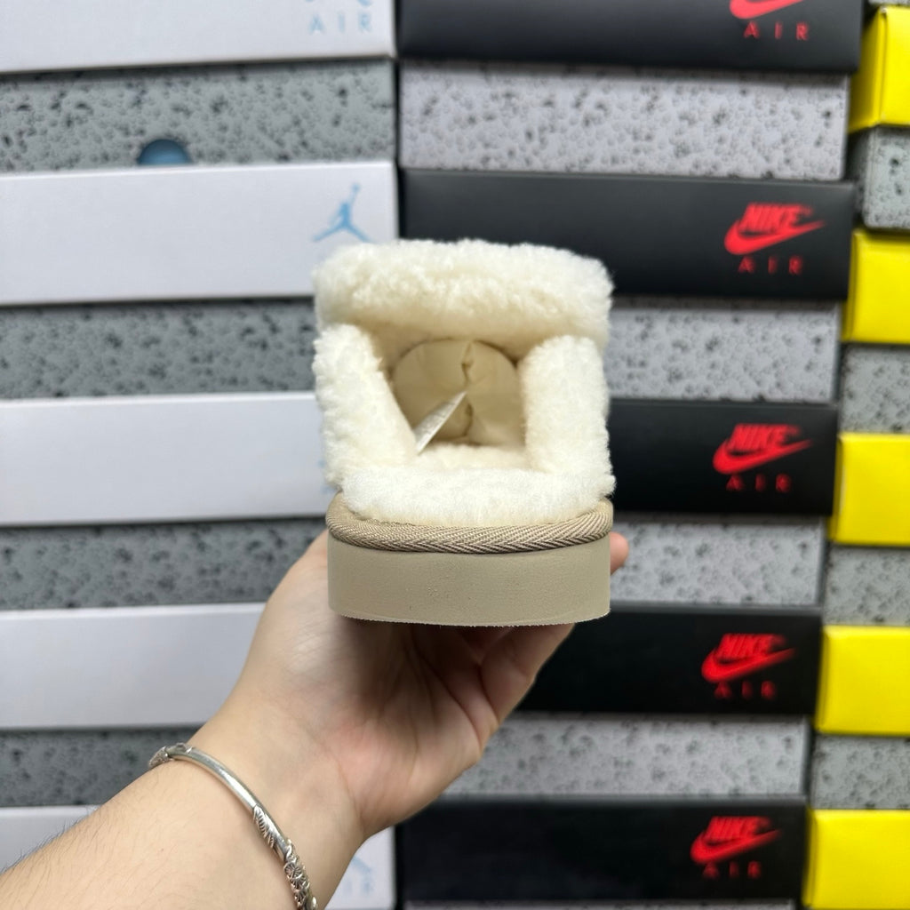 Khaki Slip-On Mule Slippers with Fluffy Trim