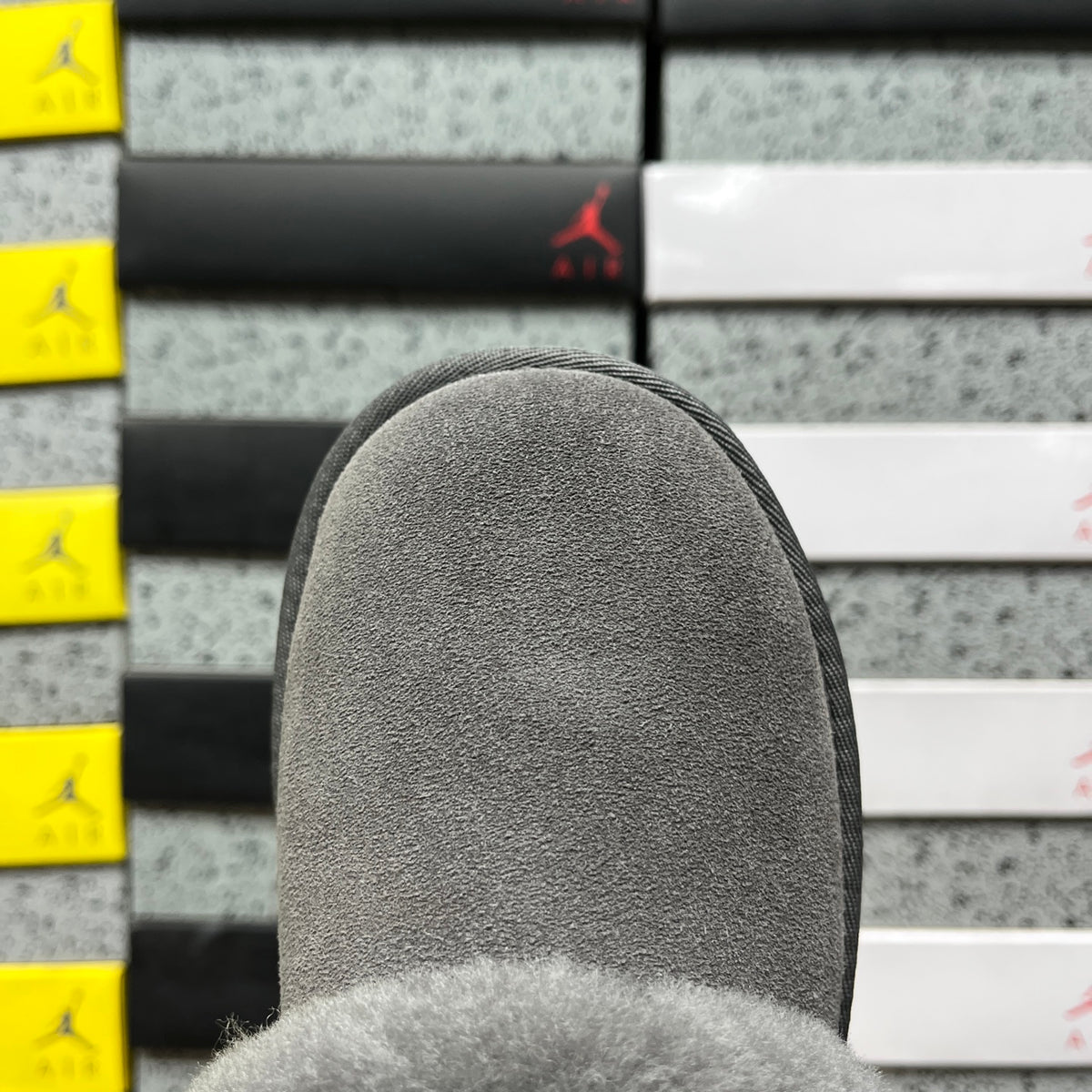 Grey Platform Slip-On Shoes with Fluffy Collar