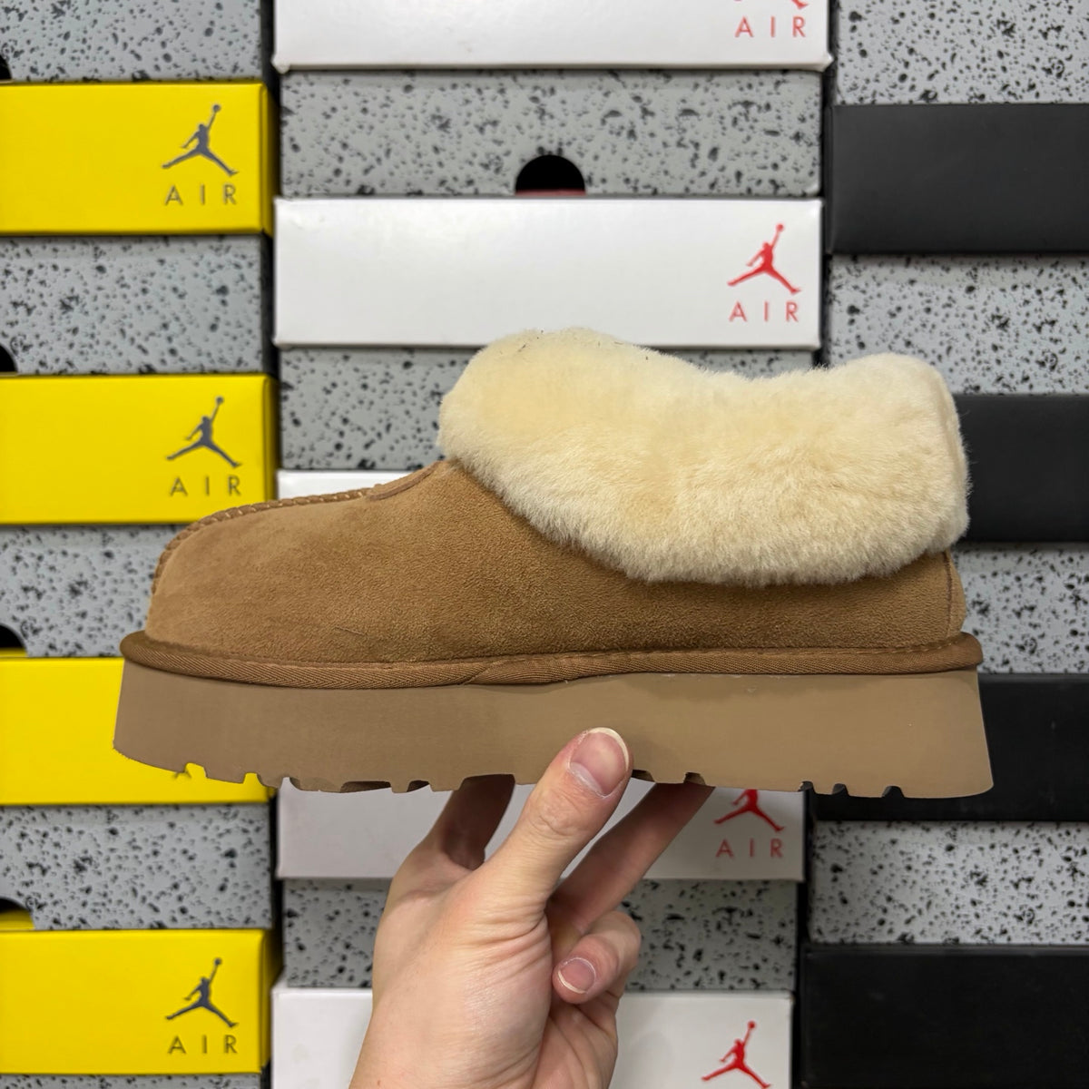 Chestnut Slip-On Shoes with Oversized Fluffy Collar