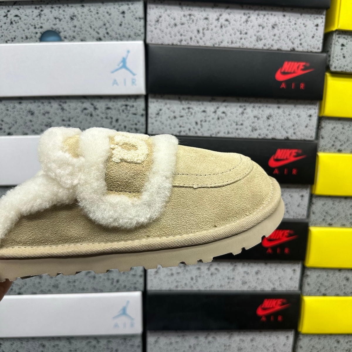 Sand Slip-On Mule Slippers with Fluffy Trim