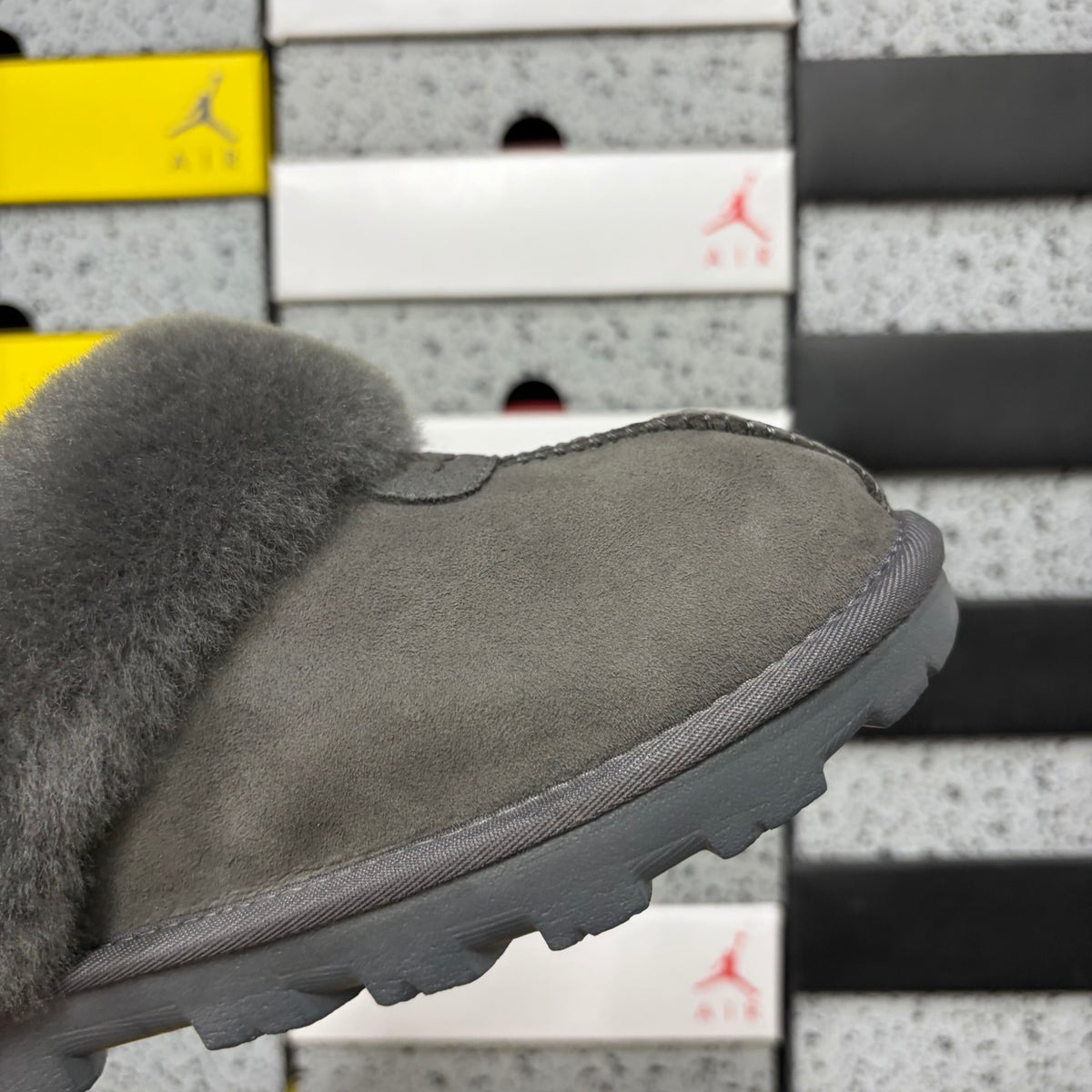 Grey Mule Slippers with Oversized Fluffy Trim
