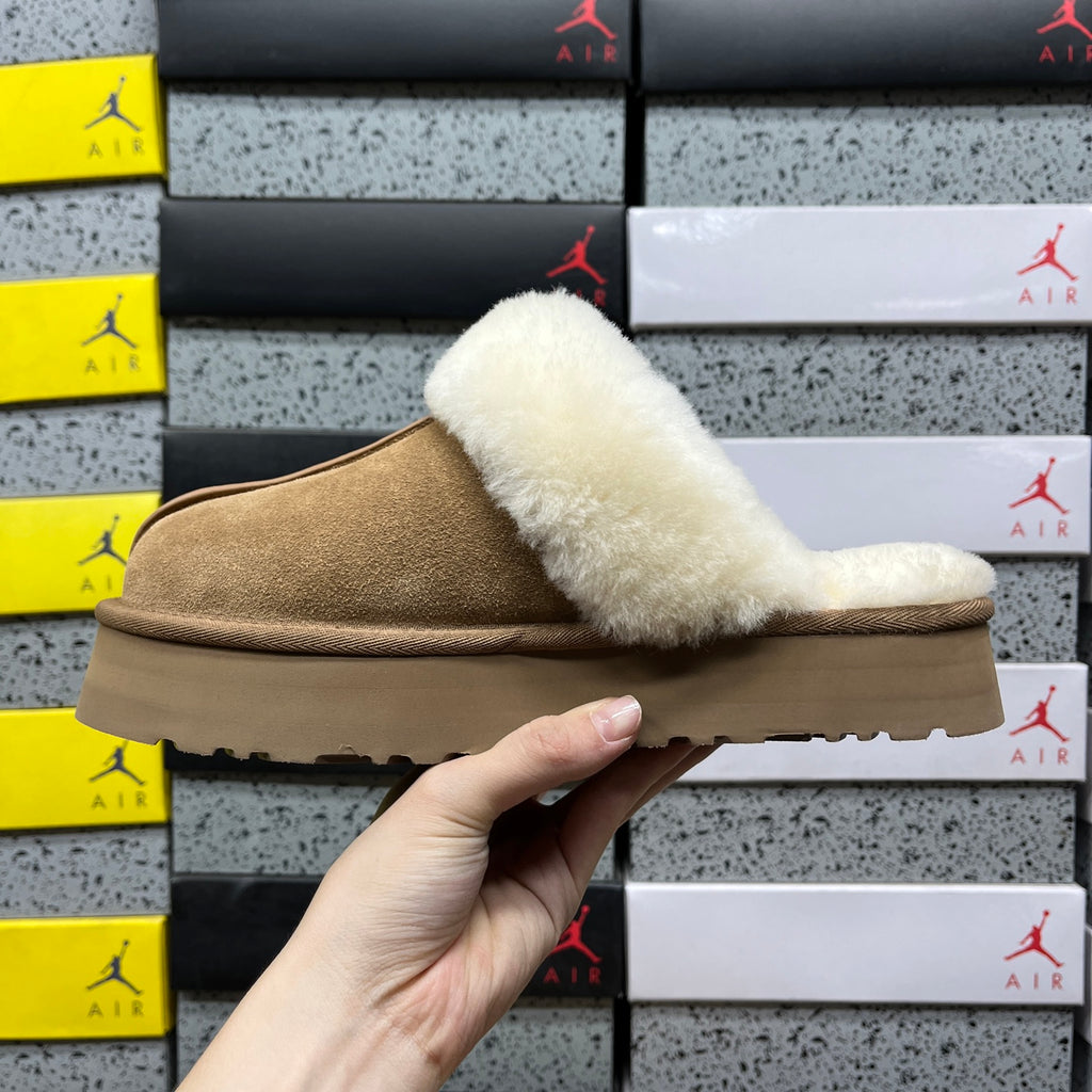 Chestnut Platform Clog Slippers with Cream Fluffy Trim