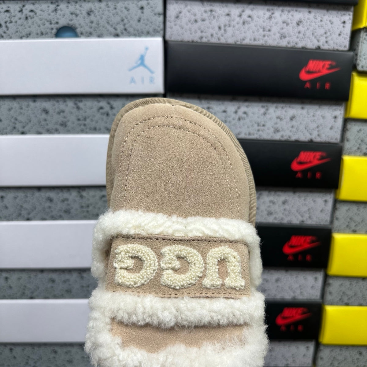 Khaki Slip-On Mule Slippers with Fluffy Trim