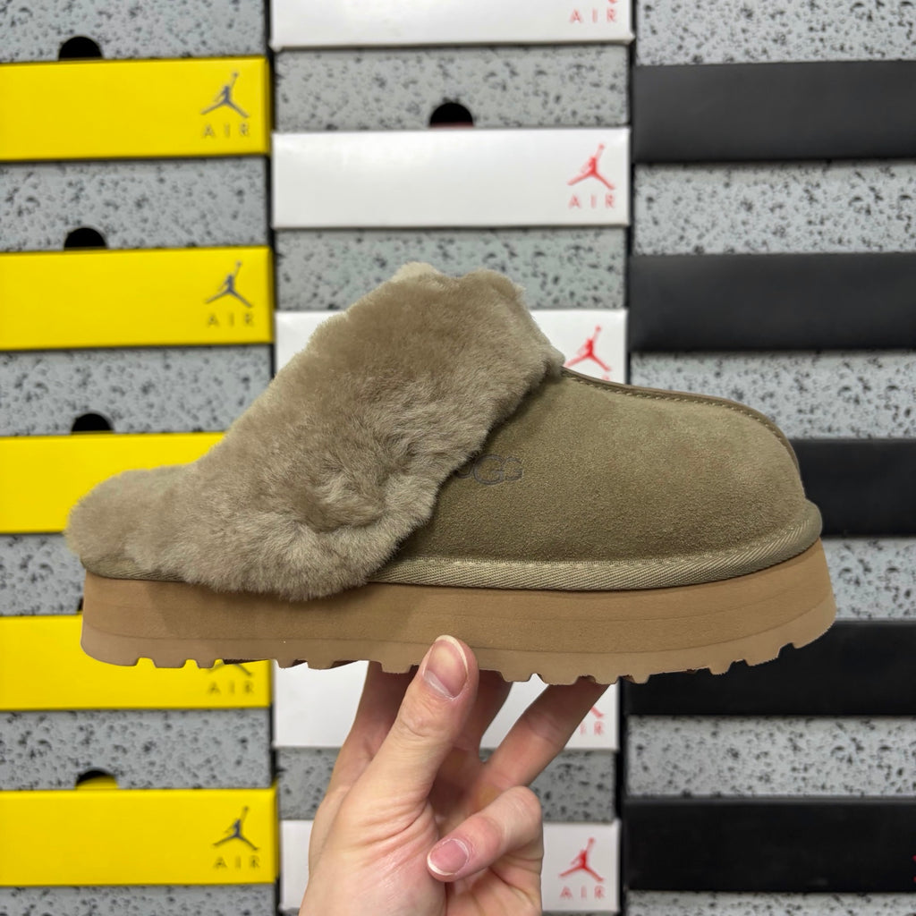 UGG Antelope Brown Platform Slippers with Plush Trim