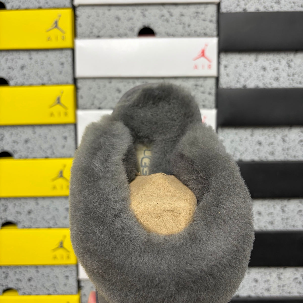 Grey Mule Slippers with Oversized Fluffy Trim