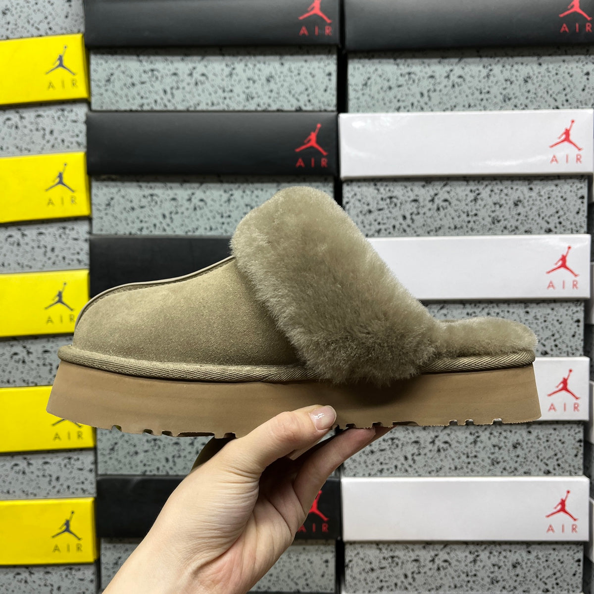 Antelope Brown Platform Clog Slippers with Fluffy Trim