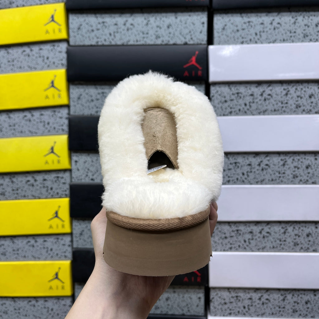 Chestnut Platform Clog Slippers with Cream Fluffy Trim
