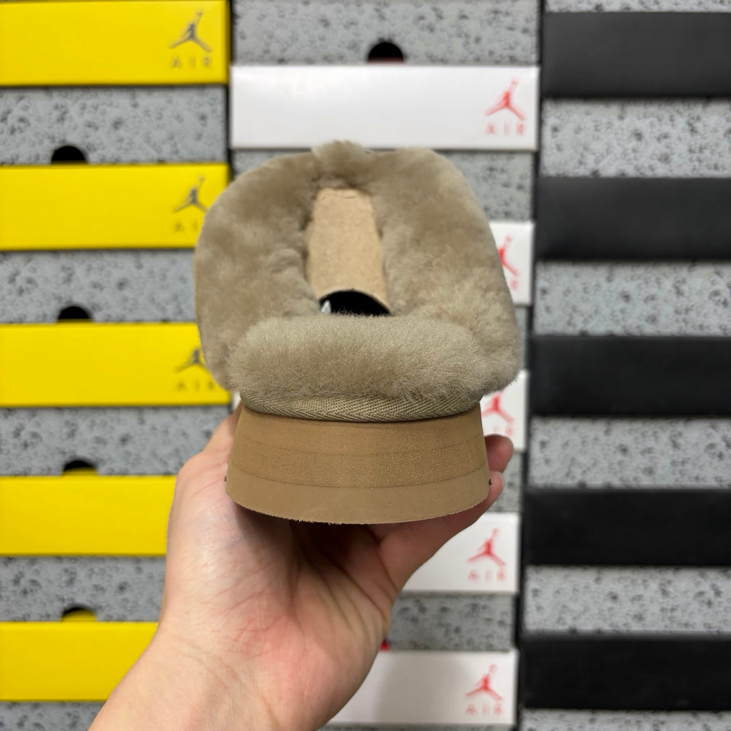 UGG Antelope Brown Platform Slippers with Plush Trim