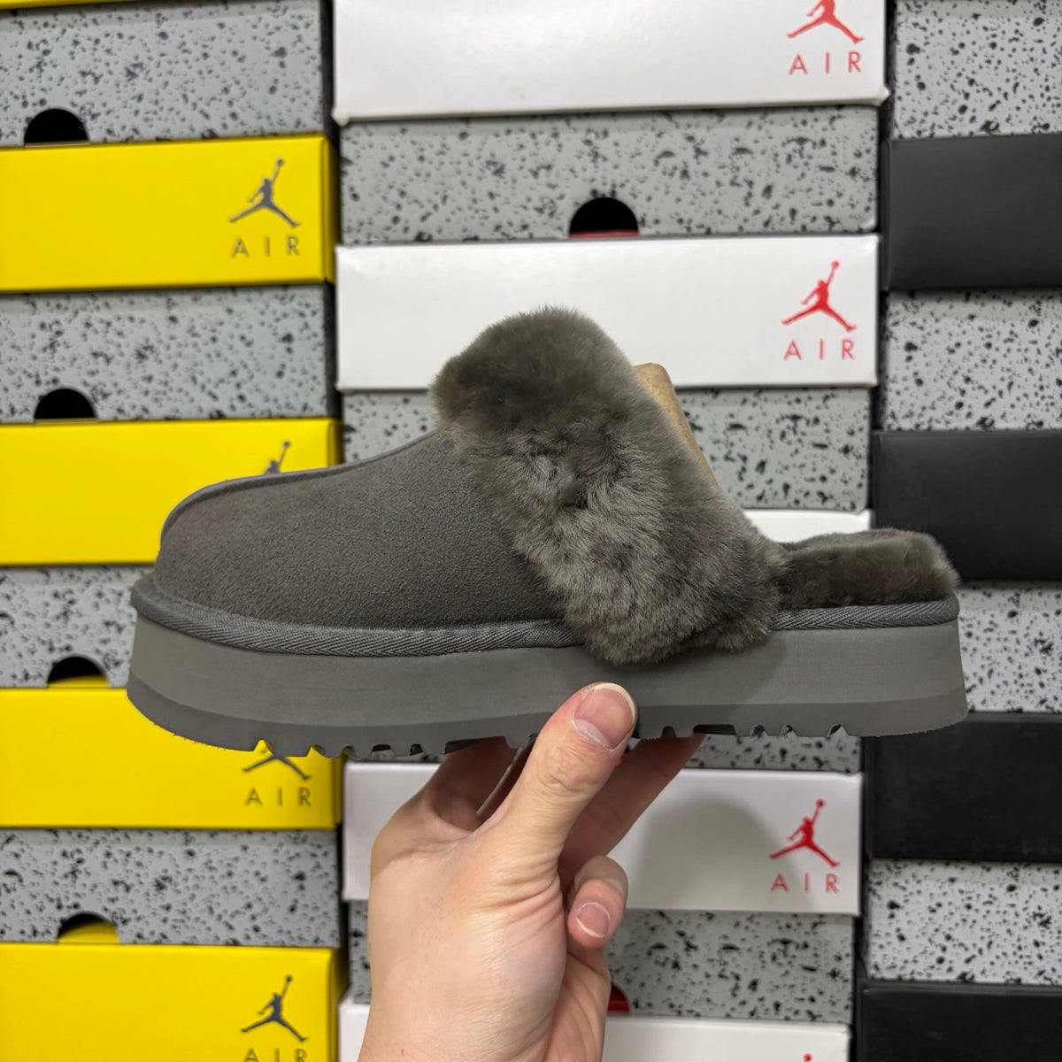 UGG Gray Platform Slippers with Plush Trim