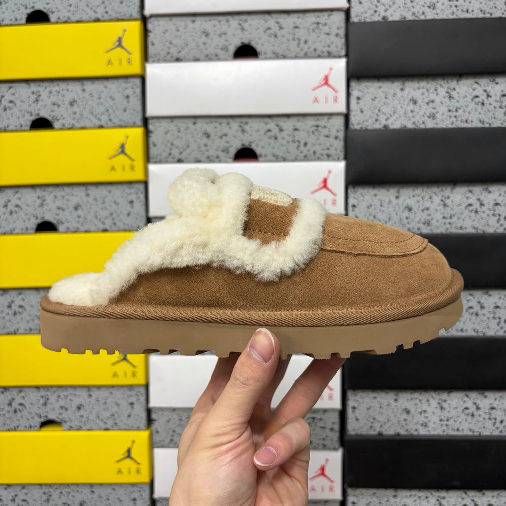 Chestnut Slip-On Mule Slippers with Fluffy Trim