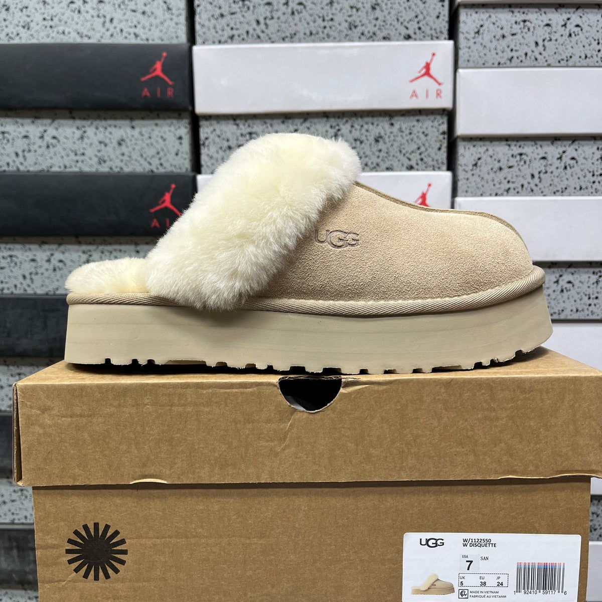 Sand Platform Clog Slippers with Cream Fluffy Trim
