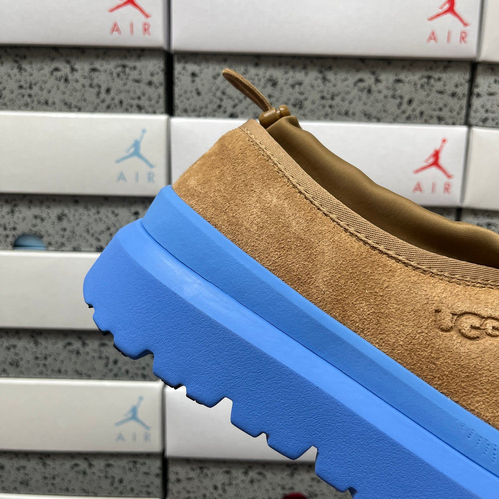 Chestnut Slip-On Shoes with Bright Blue Chunky Sole