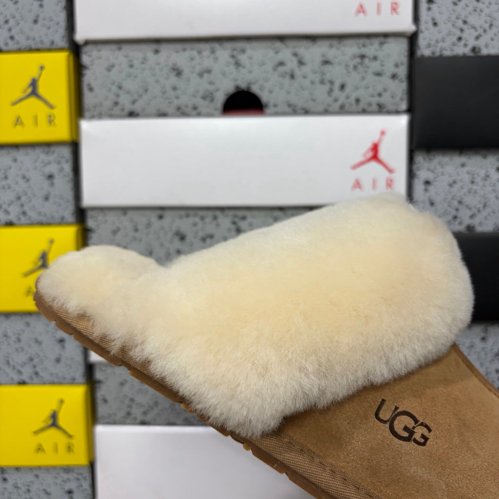 Chestnut Mule Slippers with Oversized Cream Fluffy Trim