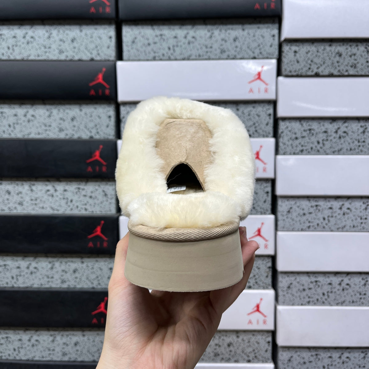 Sand Platform Clog Slippers with Cream Fluffy Trim