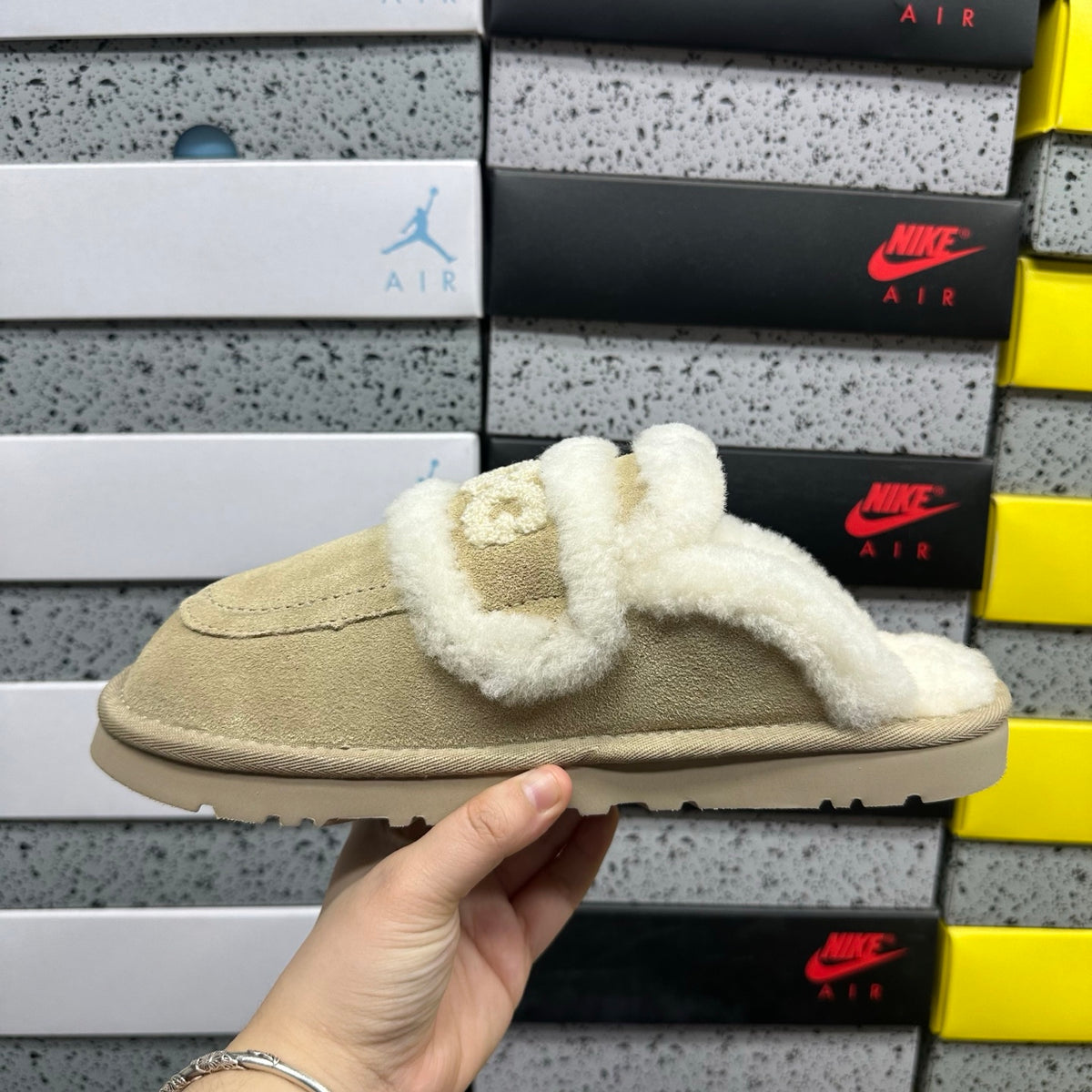 Sand Slip-On Mule Slippers with Fluffy Trim