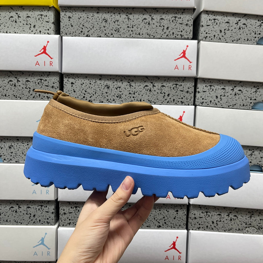 Chestnut Slip-On Shoes with Bright Blue Chunky Sole
