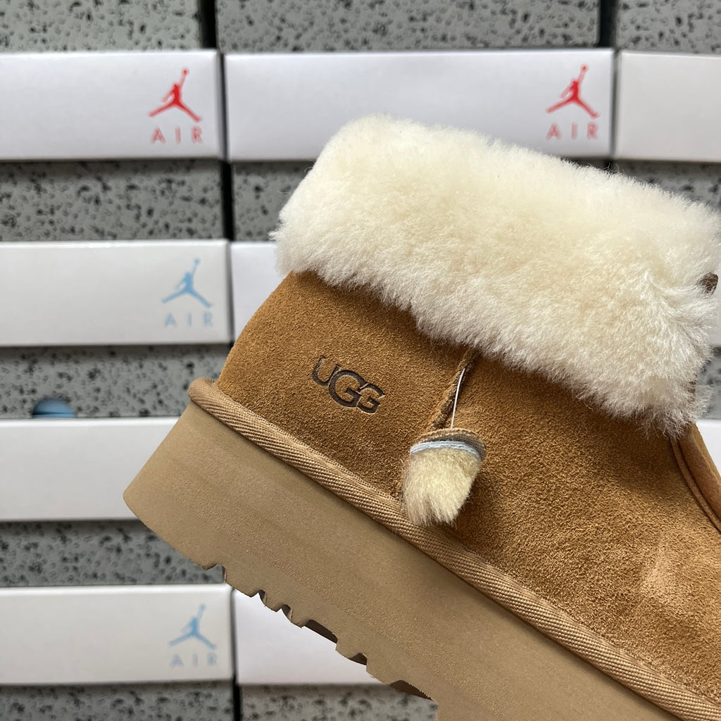 Chestnut Platform Ankle Boots with Cream Fluffy Collar