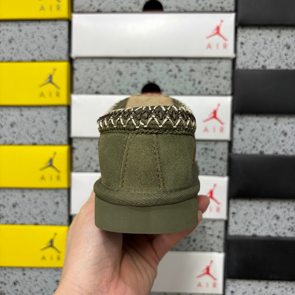 Olive Green Embroidered Slip-On Shoes with Braided Collar