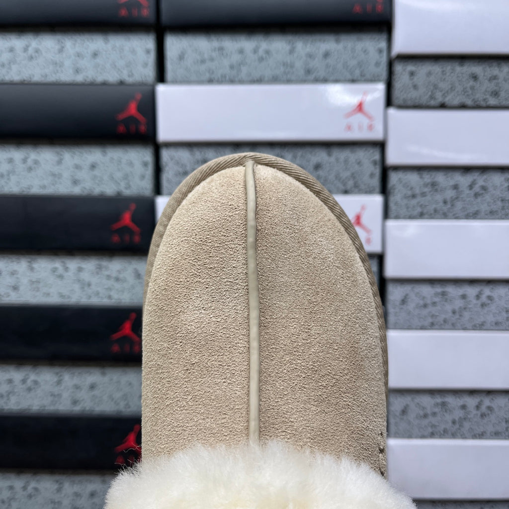 Sand Platform Clog Slippers with Cream Fluffy Trim